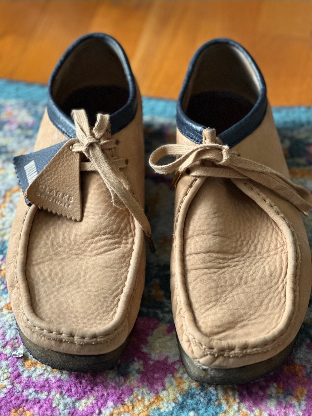 Clarks Tan Leather Wallabee Shoes with Black Collar